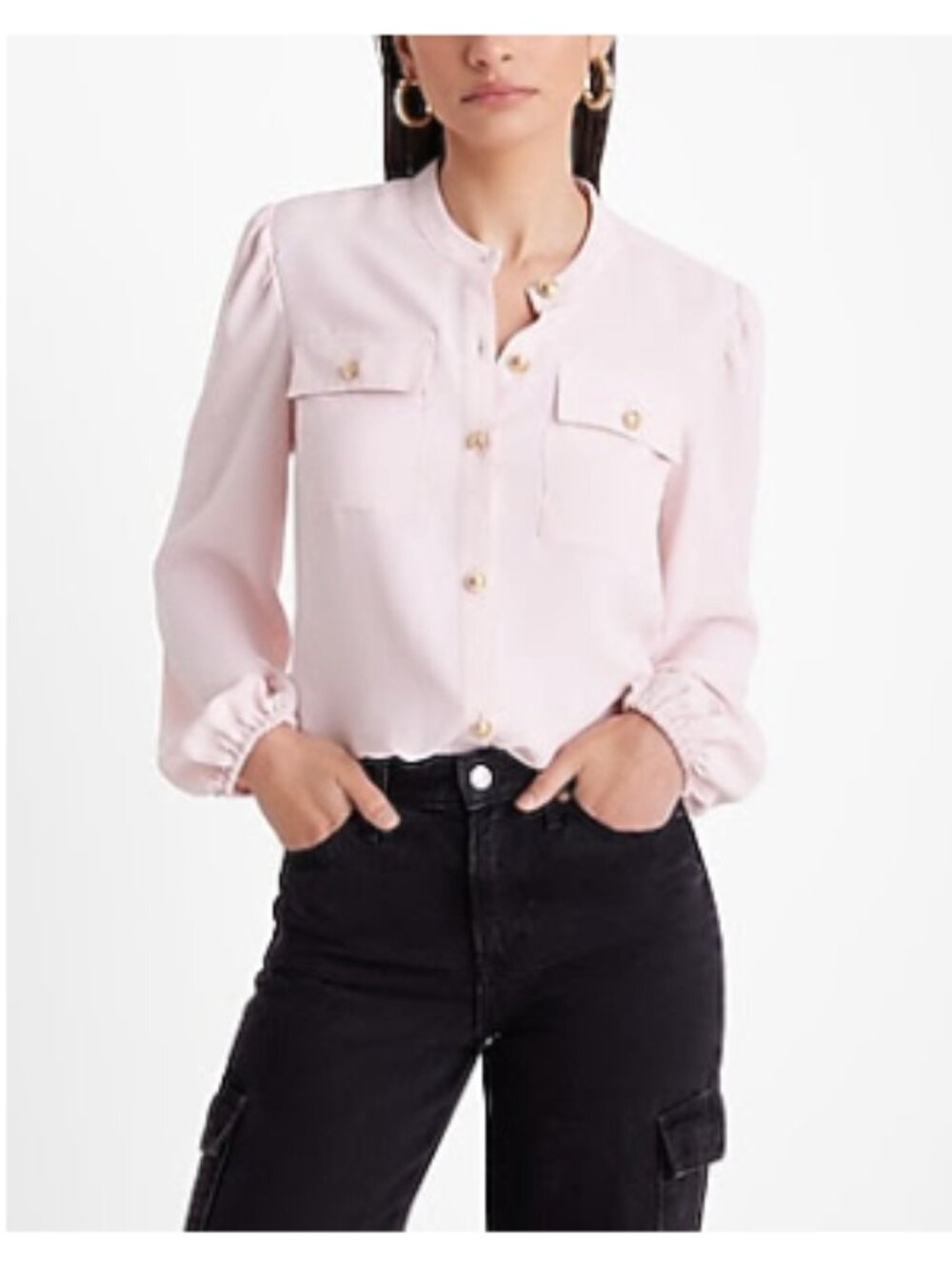 NWT Express Light Pink Balloon Sleeve Novelty Button Front Pocket Shirt